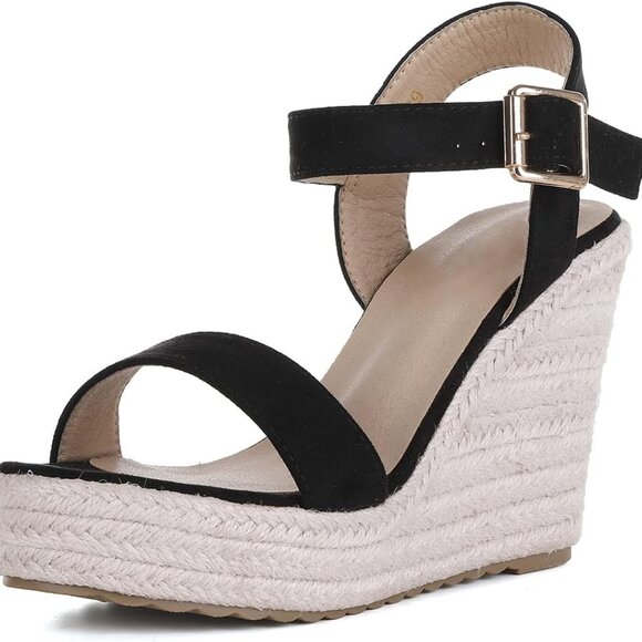 Women's Faux Leather Wedge Sandals Open Toe Ankle Strap Summer Casual - Picture 3 of 8